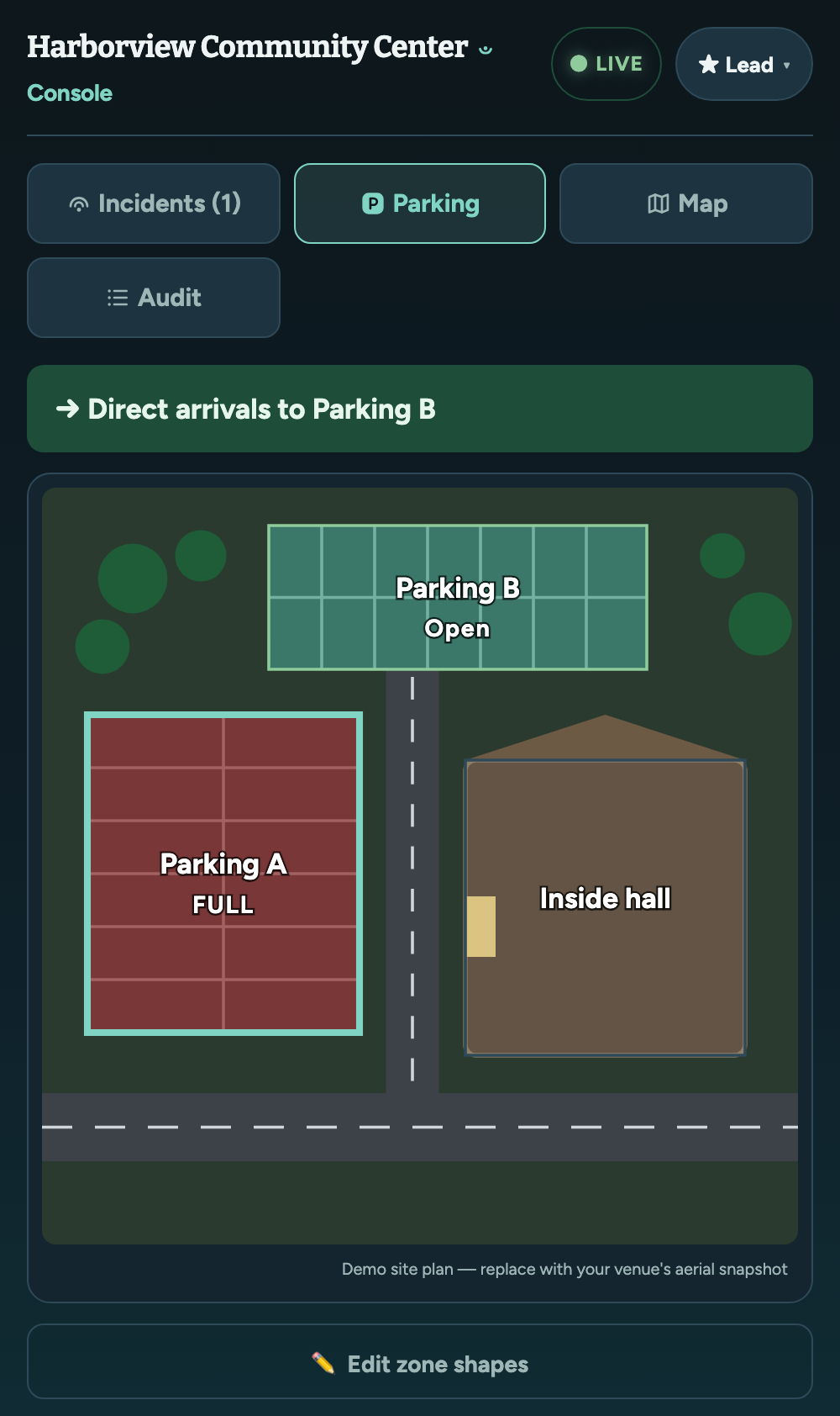 The live parking and logistics board directing arrivals between lots.